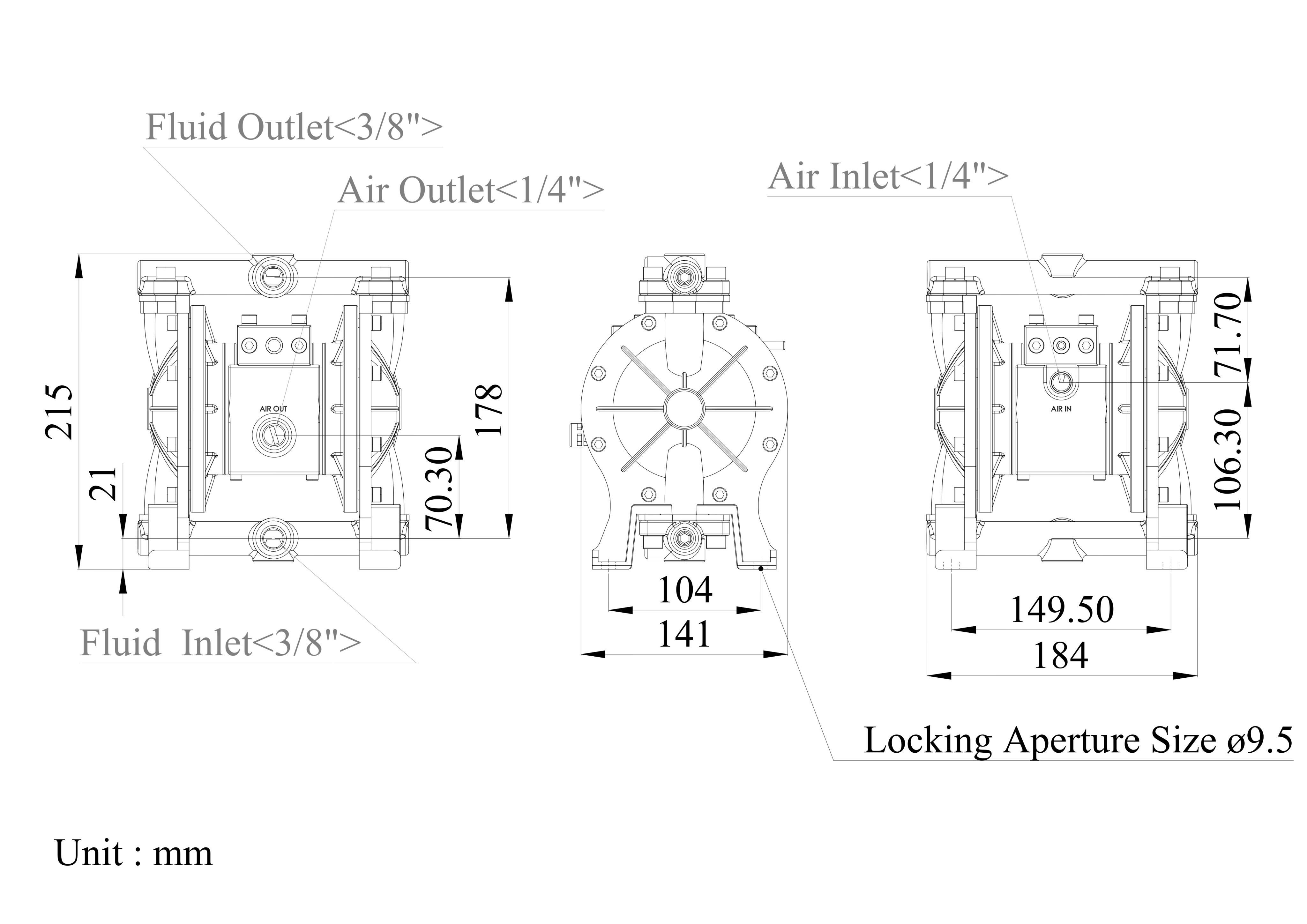 3/8 Inch Aluminum Alloy Air-Operated Double Diaphragm Pump Dibujo de dimensiones| DYI SHENG