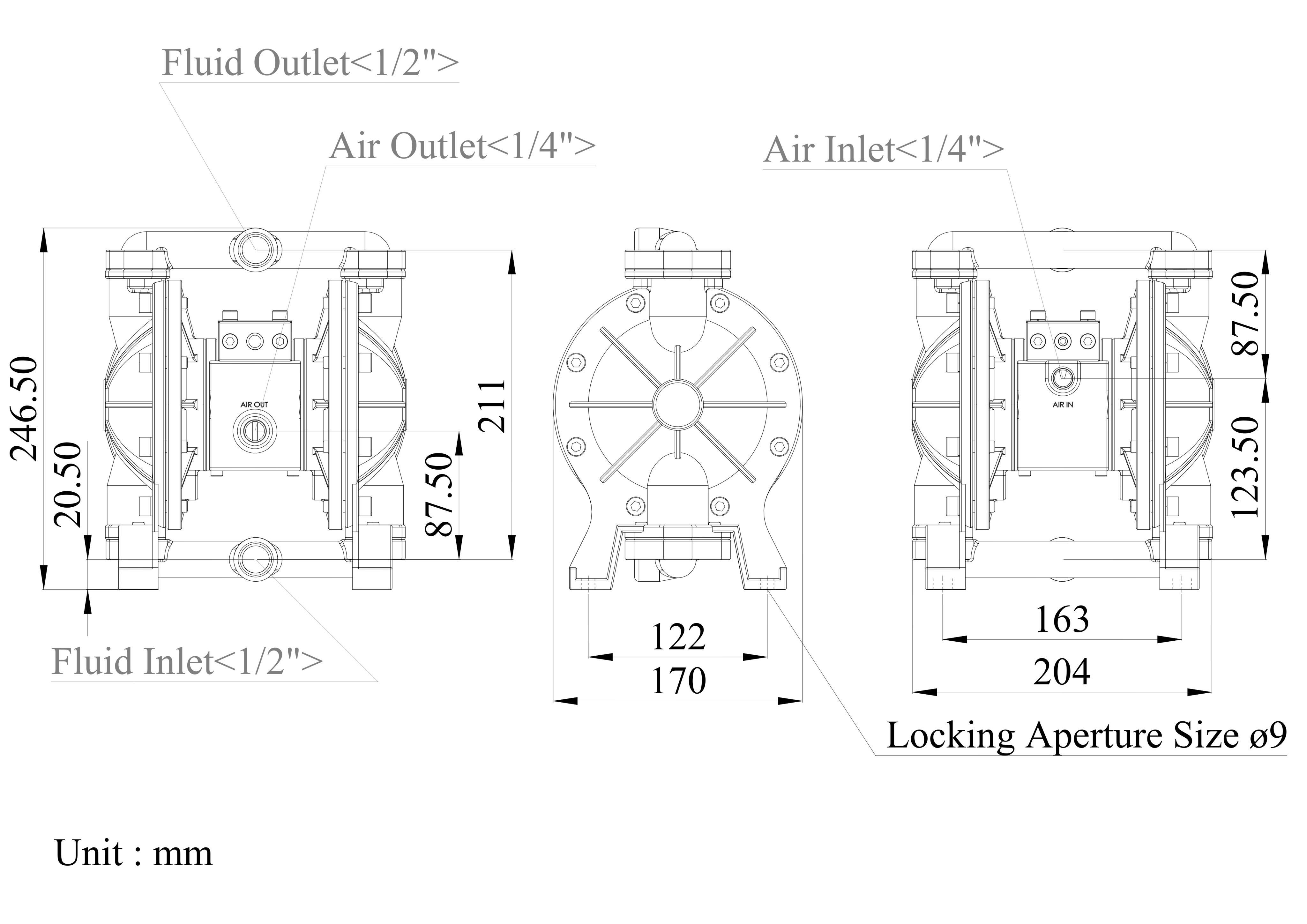 1/2 Inch Stainless Steel 316 Air-Operated Double Diaphragm Pump Dimensional Data DS04-SAT-XXXX-03| DYI SHENG