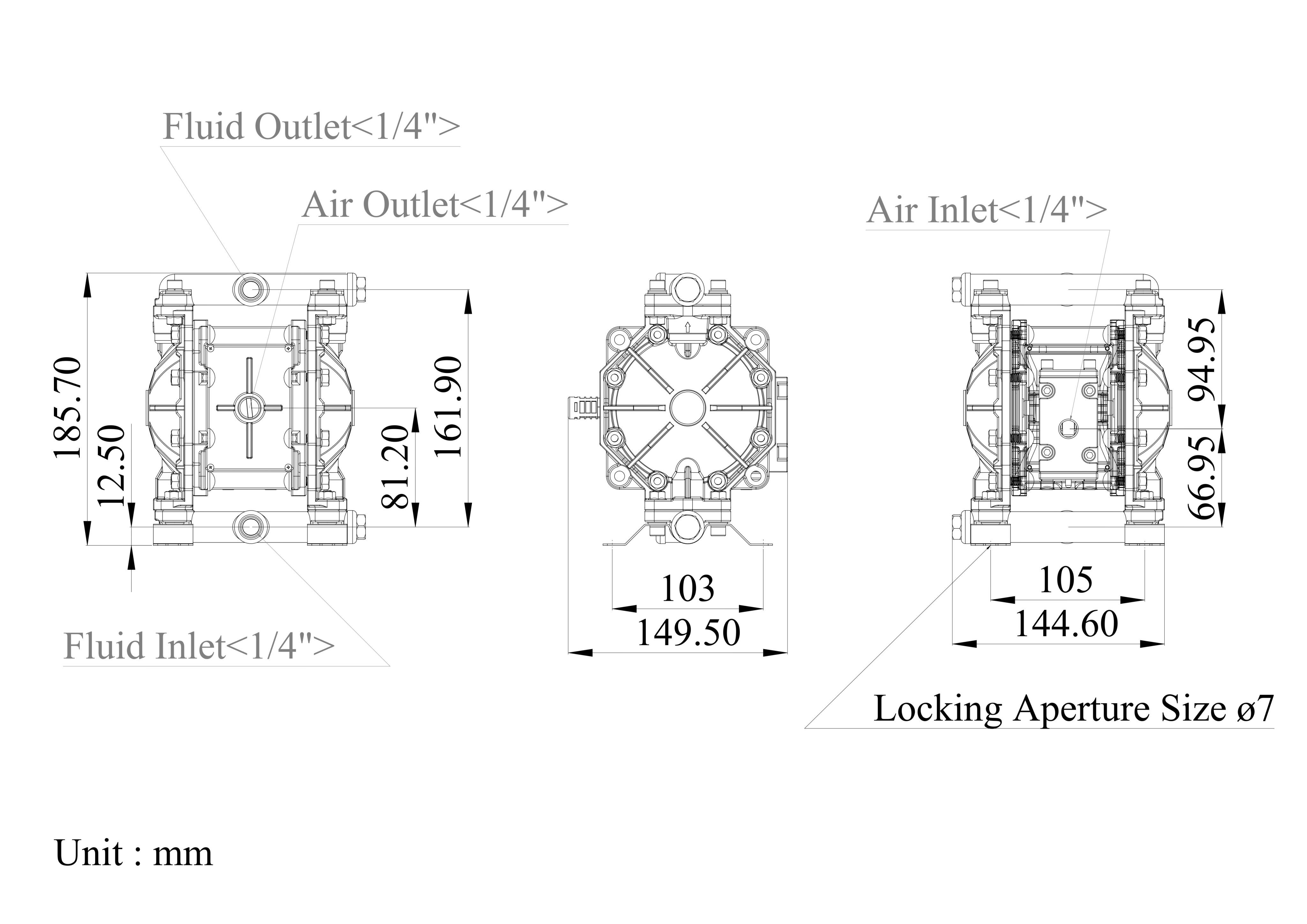 1/4 Inch Polypropylene Air-Operated Double Diaphragm Pump Dibujo de dimensiones Dimensional Data| DYI SHENG