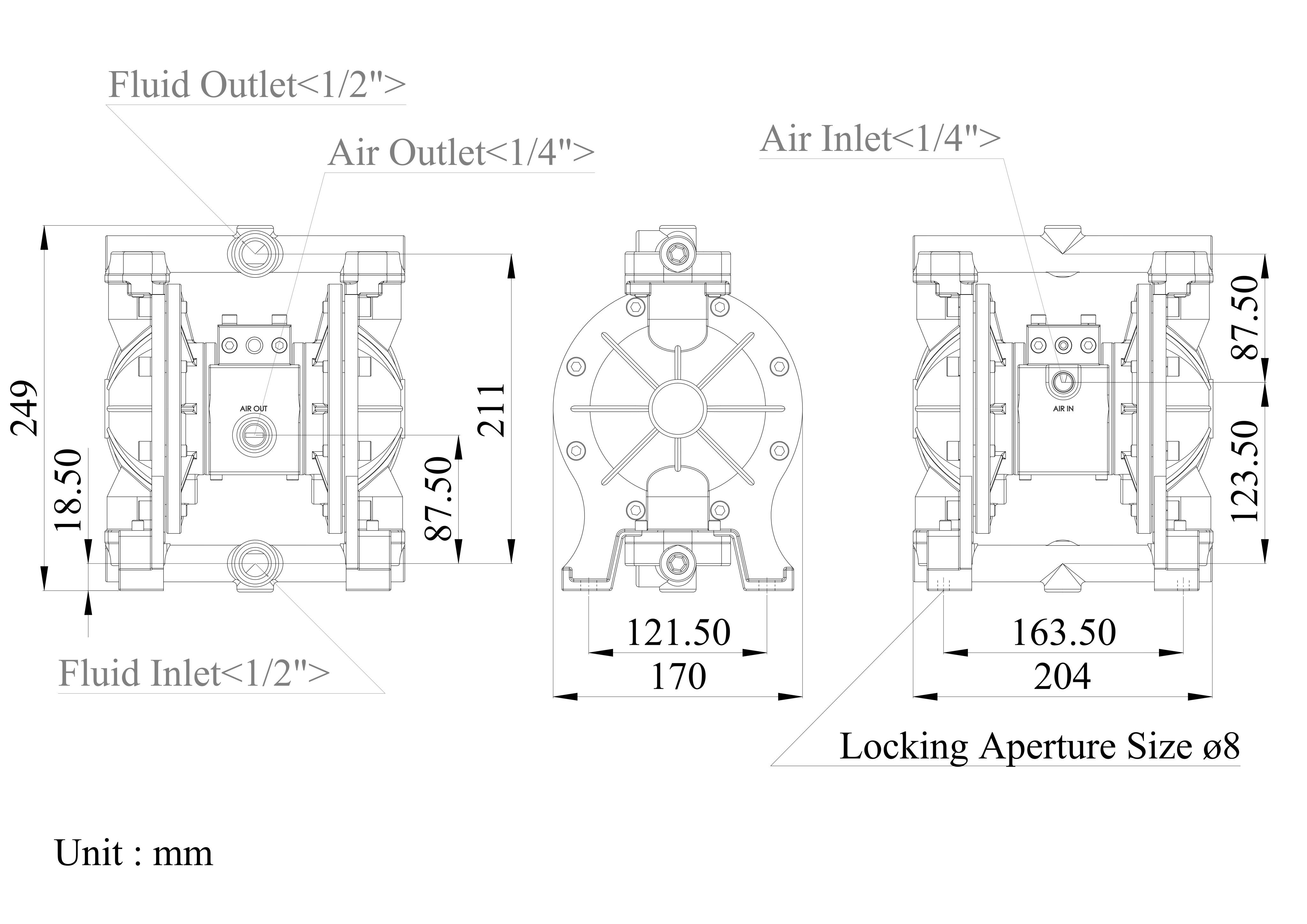 1/2 Inch Aluminum Alloy Air-Operated Double Diaphragm Pump Dibujo de dimensiones Dimensional Data| DYI SHENG