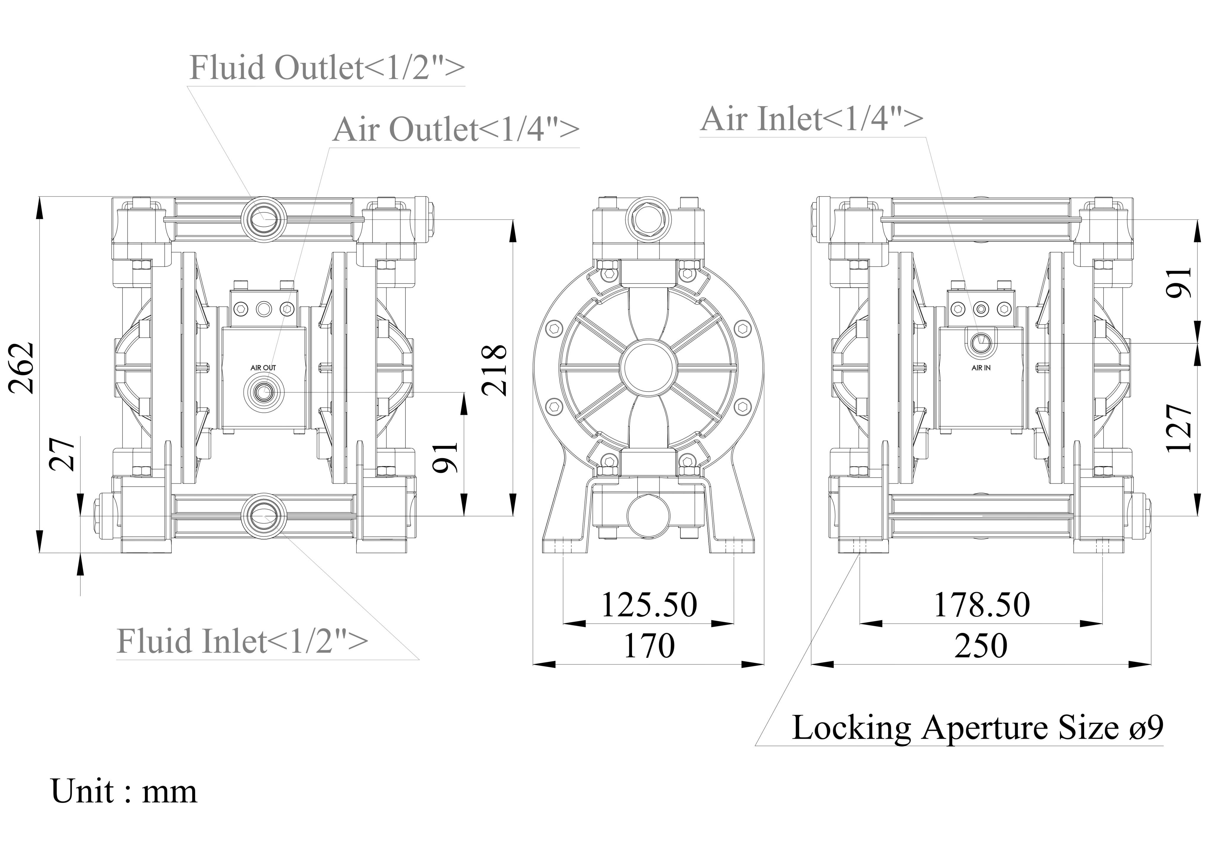 1/2 inch Polypropylene Pneumatic Double Diaphragm Pump Dibujo de dimensiones | TDS-DYISHENG Pump