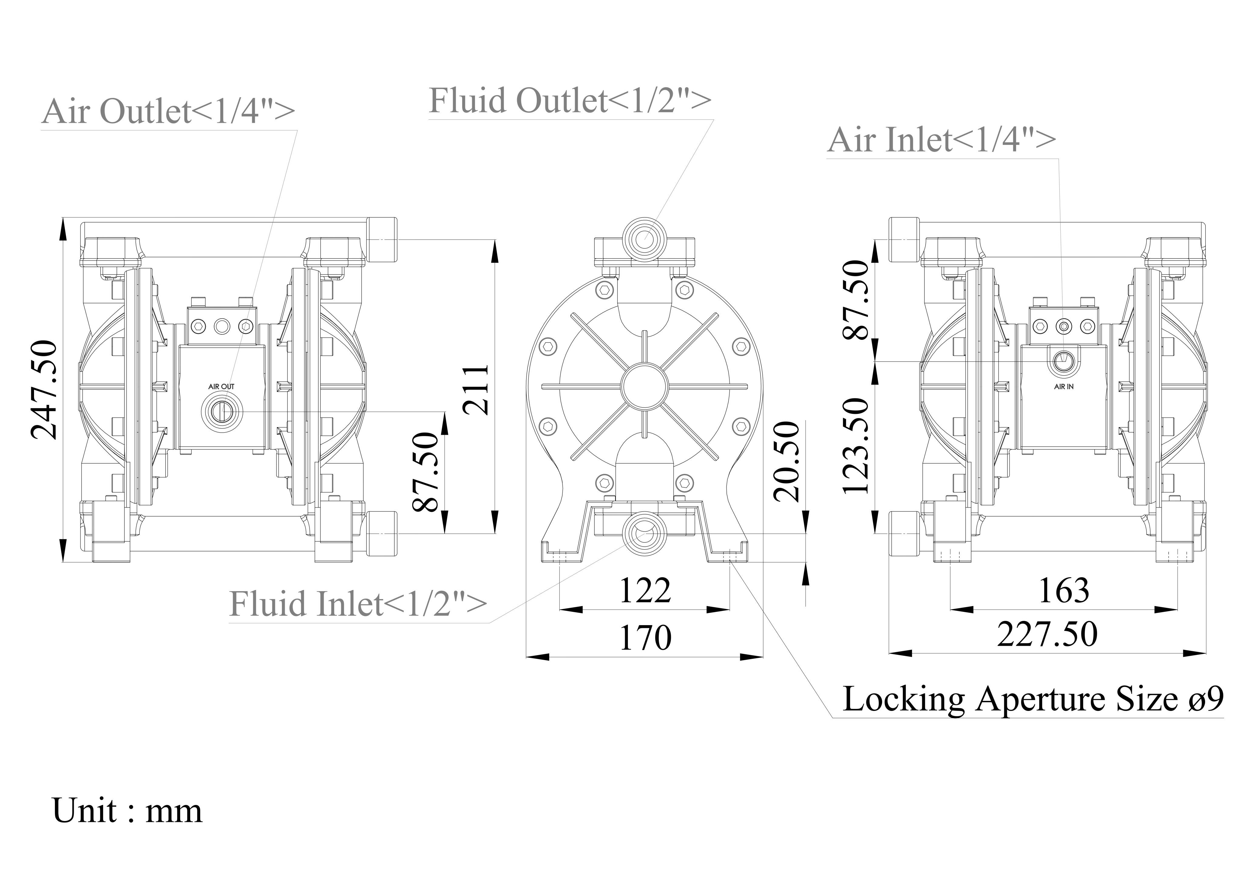 1/2 Inch Stainless Steel 316 Air-Operated Double Diaphragm Pump Dimensional Data DS04-SAI-XXXX-03| DYI SHENG