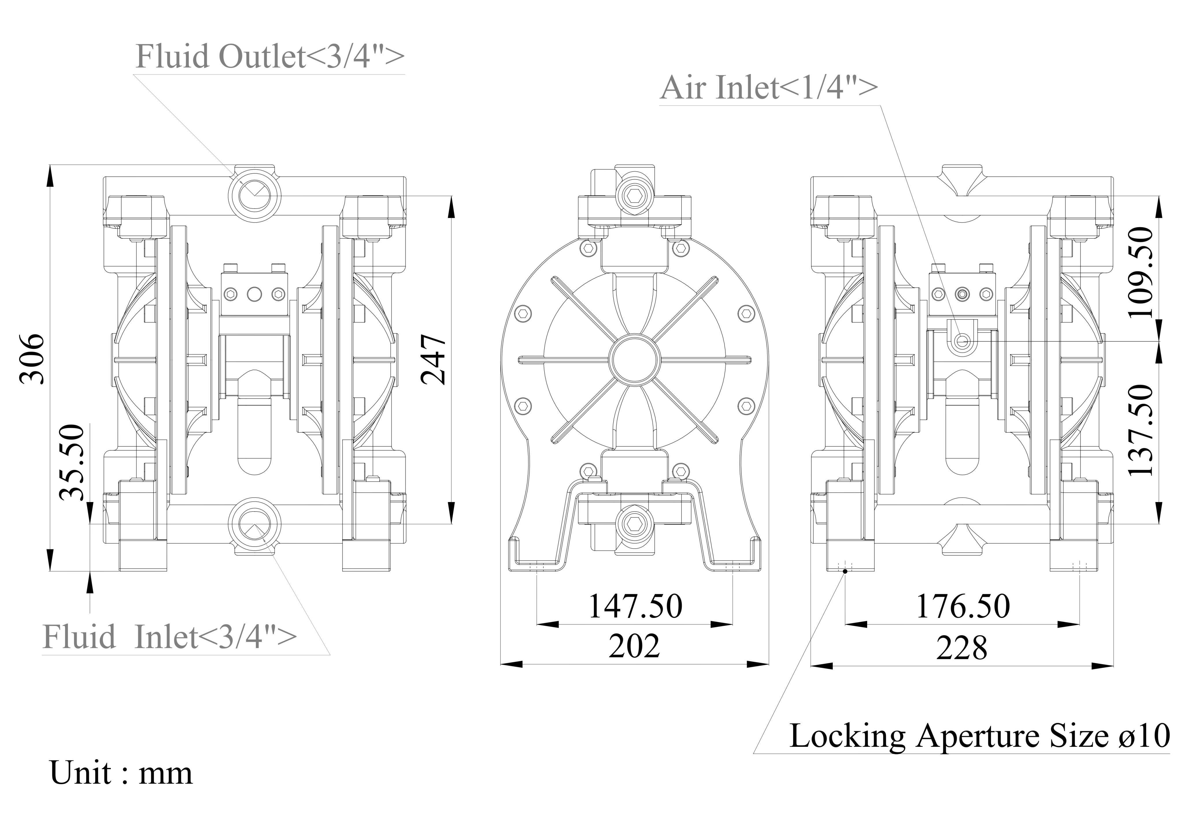 3/4 Inch Aluminum Alloy Air-Operated Double Diaphragm Pump Dibujo de dimensiones Dimensional Data| DYI SHENG
