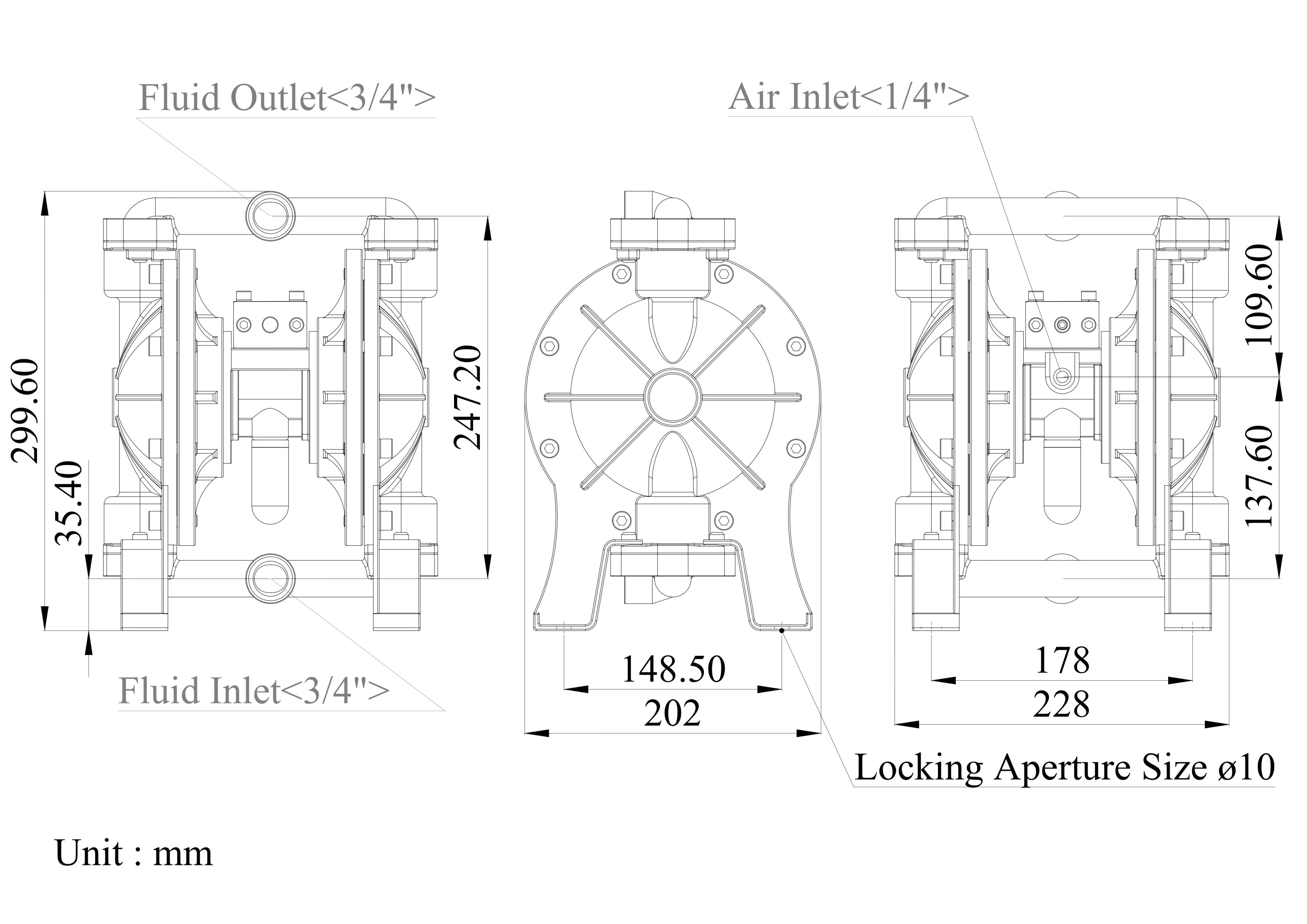 3/4 Inch Stainless Steel 316 Air-Operated Double Diaphragm Pump Dibujo de dimensiones Dimensional Data| DYI SHENG