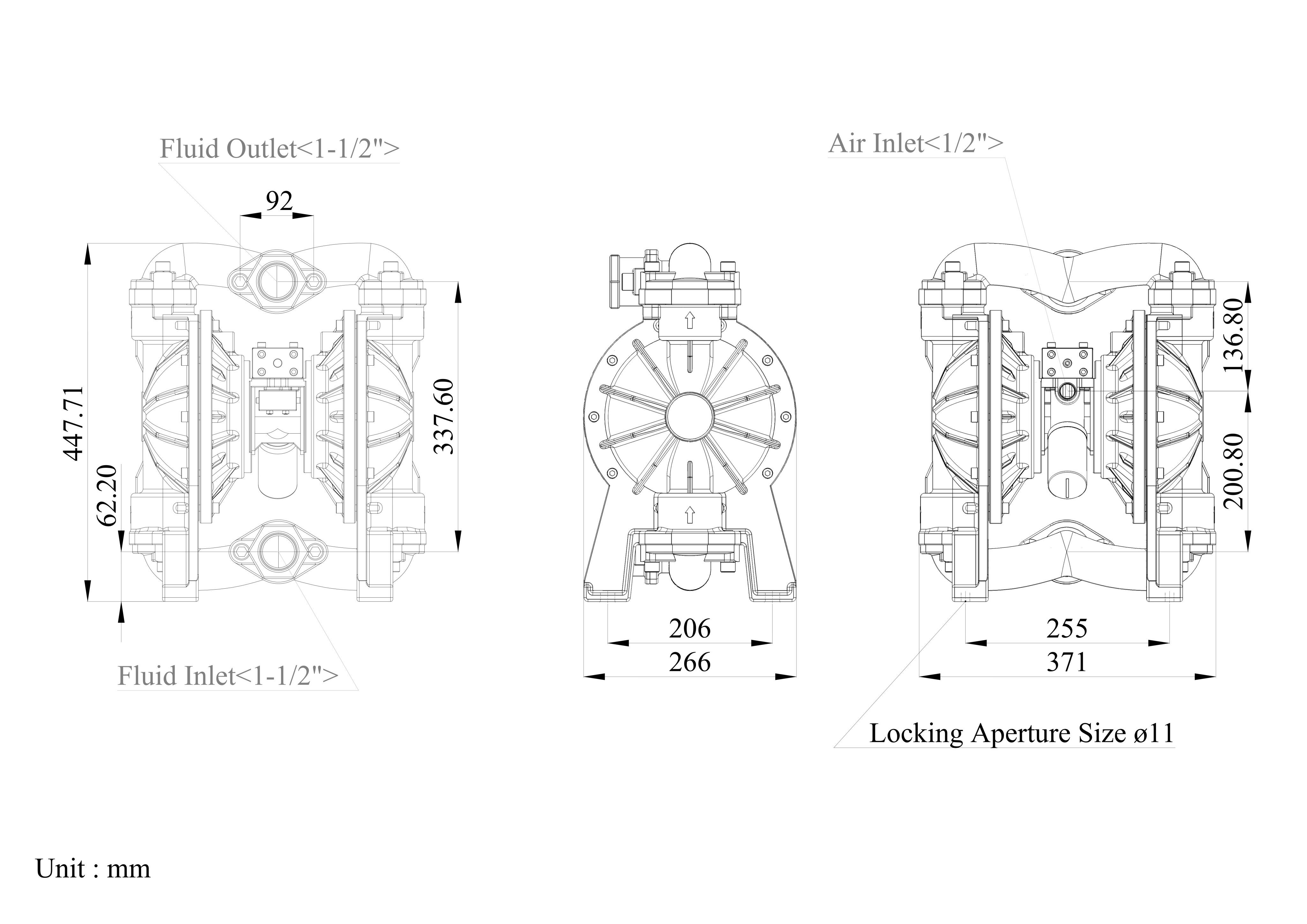 Dibujo de dimensiones of 1-1/2 Inch Aluminum Alloy Air-Operated Double Diaphragm Pump | TDS-DYISHENG Pump