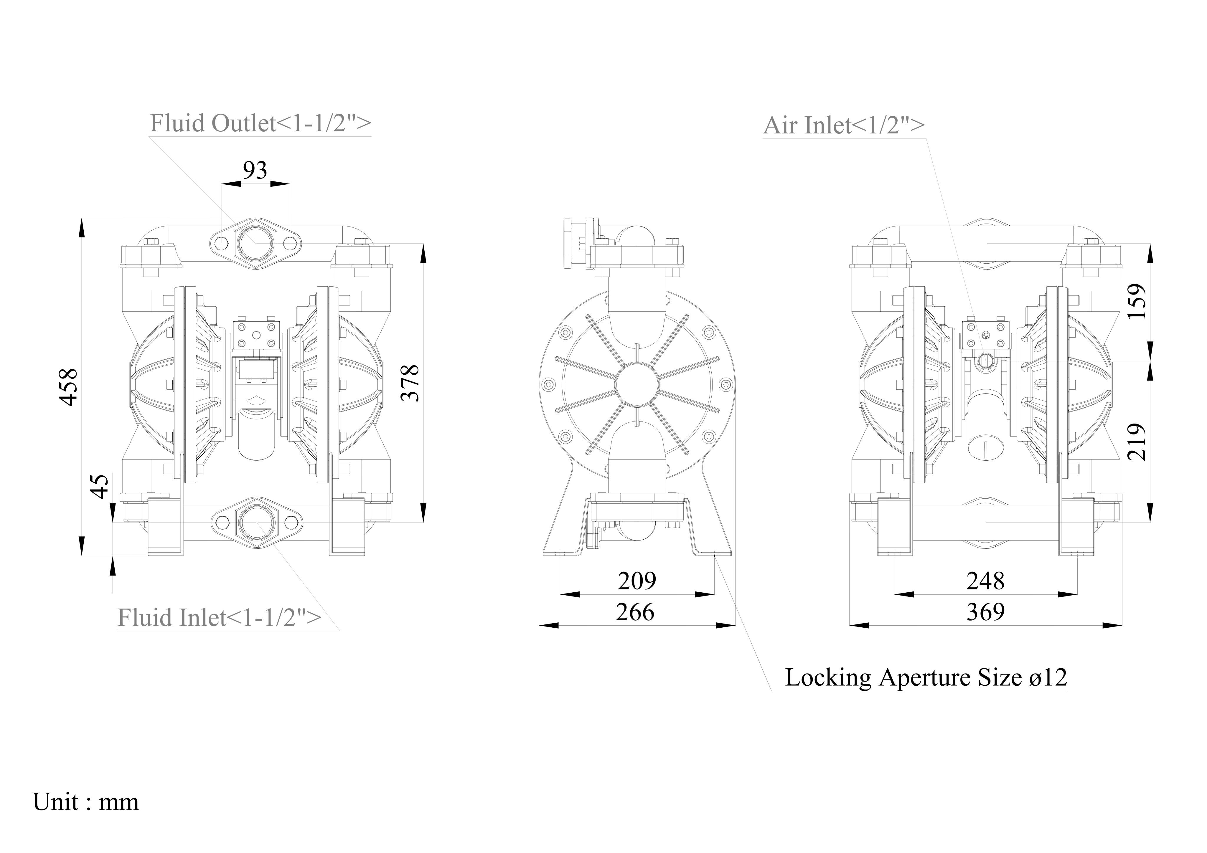 Dibujo de dimensiones of 1-1/2 Inch Stainless Steel 316 Air-Operated Double Diaphragm Pump | TDS-DYISHENG Pump