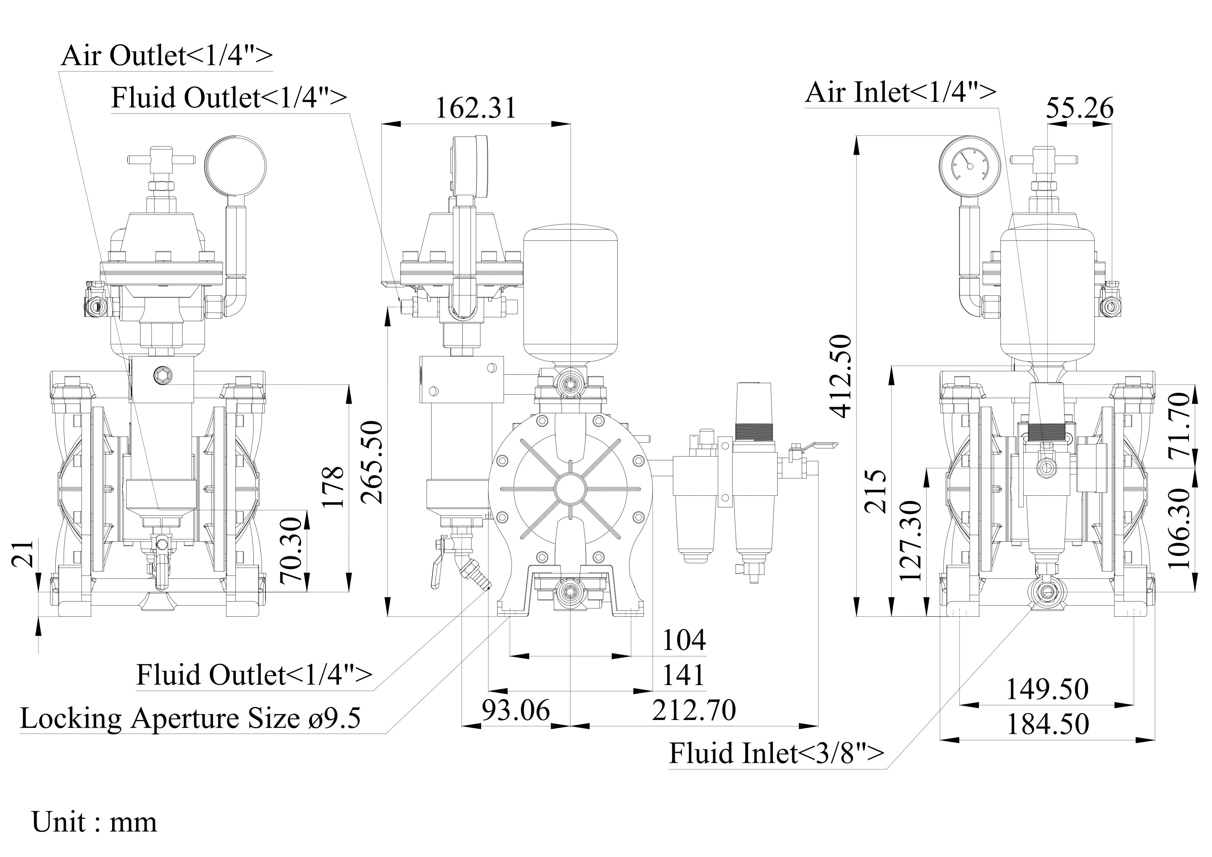 Dimensional Data of 3/8 Inch Aluminum Alloy Advanced Coating Transport Set for Air-Operated Double Diaphragm Pump | TDS-DYISHENG Pump